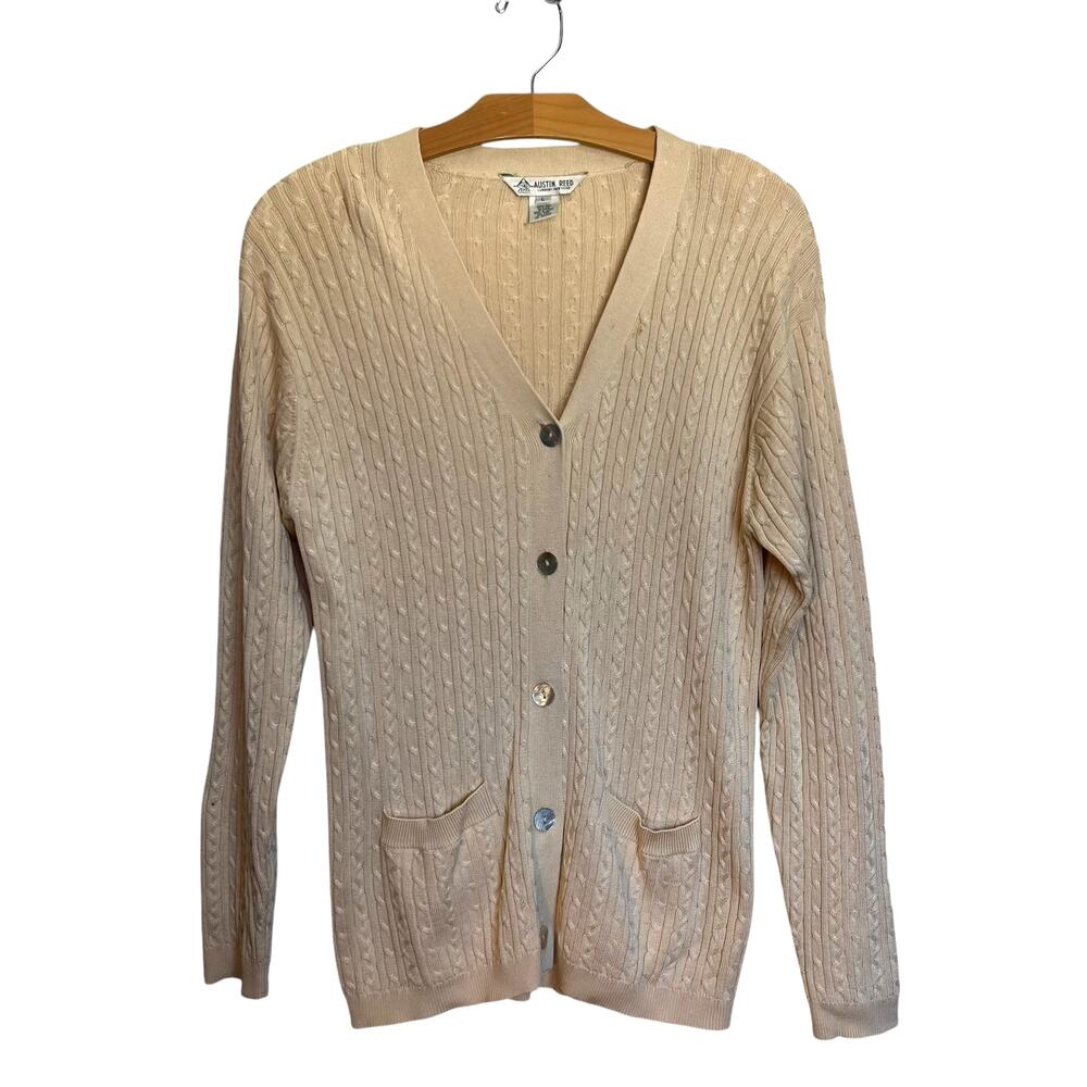 Vintage Austin Reed Silk Cable Knit Button Up Cardigan V-Neck Cream Fisherman L